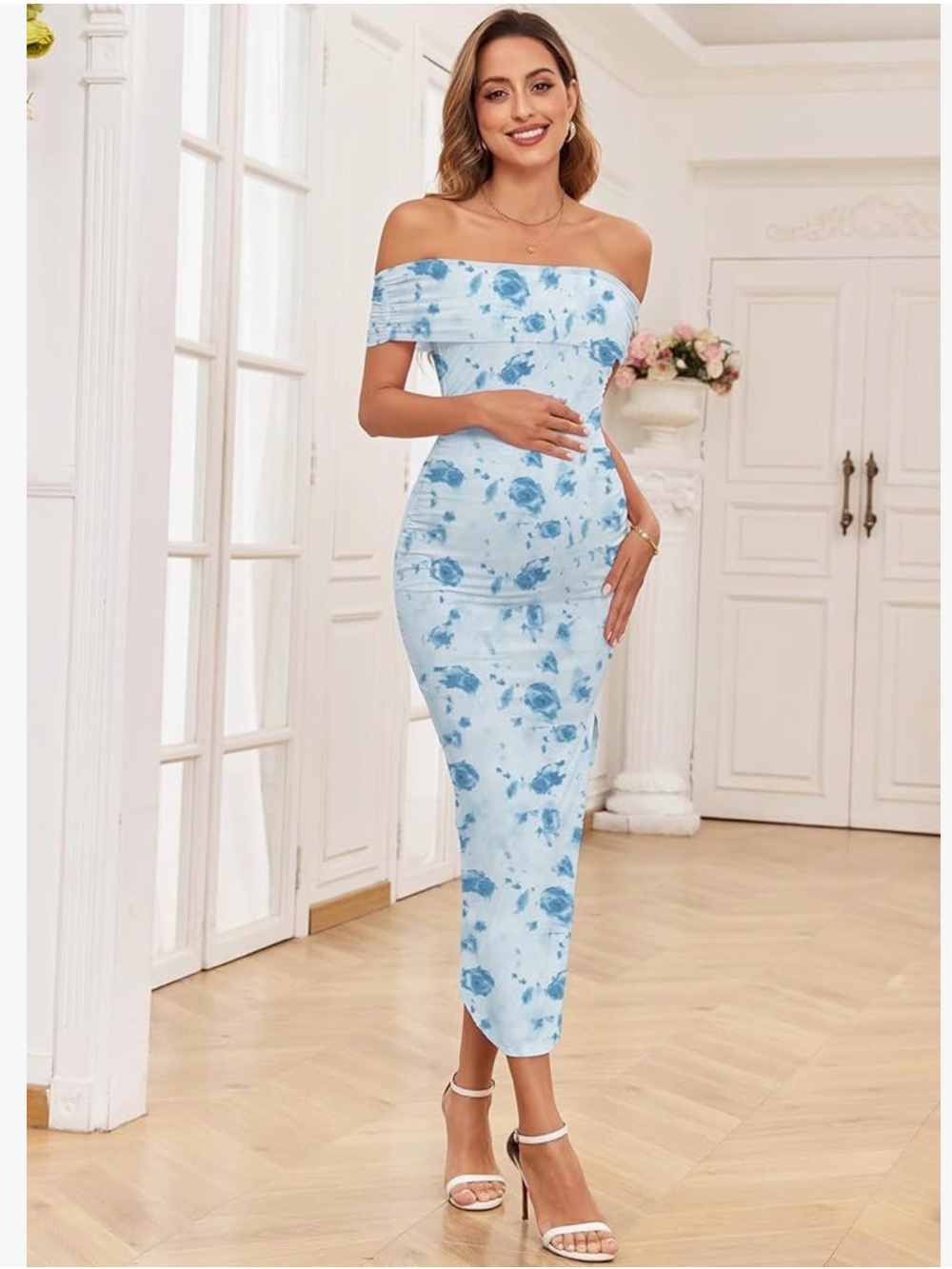 Off-Shoulder Blue Floral Maternity Dress - Size S